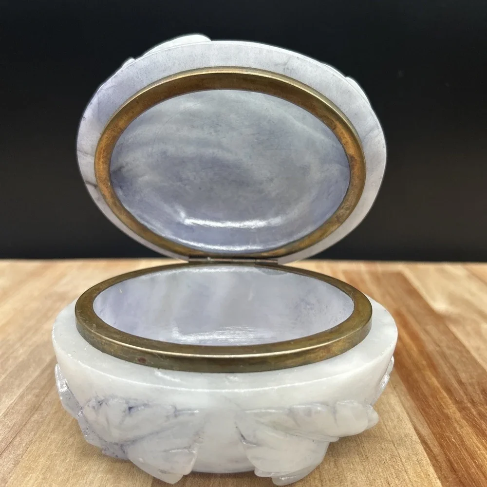 Vintage alabaster Trinket Box With Hinged Lid Carved Stone